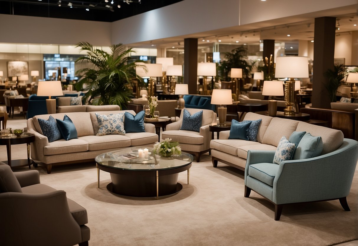 The Sealy Furniture Mall bustles with customers browsing through rows of stylish sofas and elegant dining sets. Bright lights illuminate the spacious showroom, highlighting the array of luxurious furniture on display