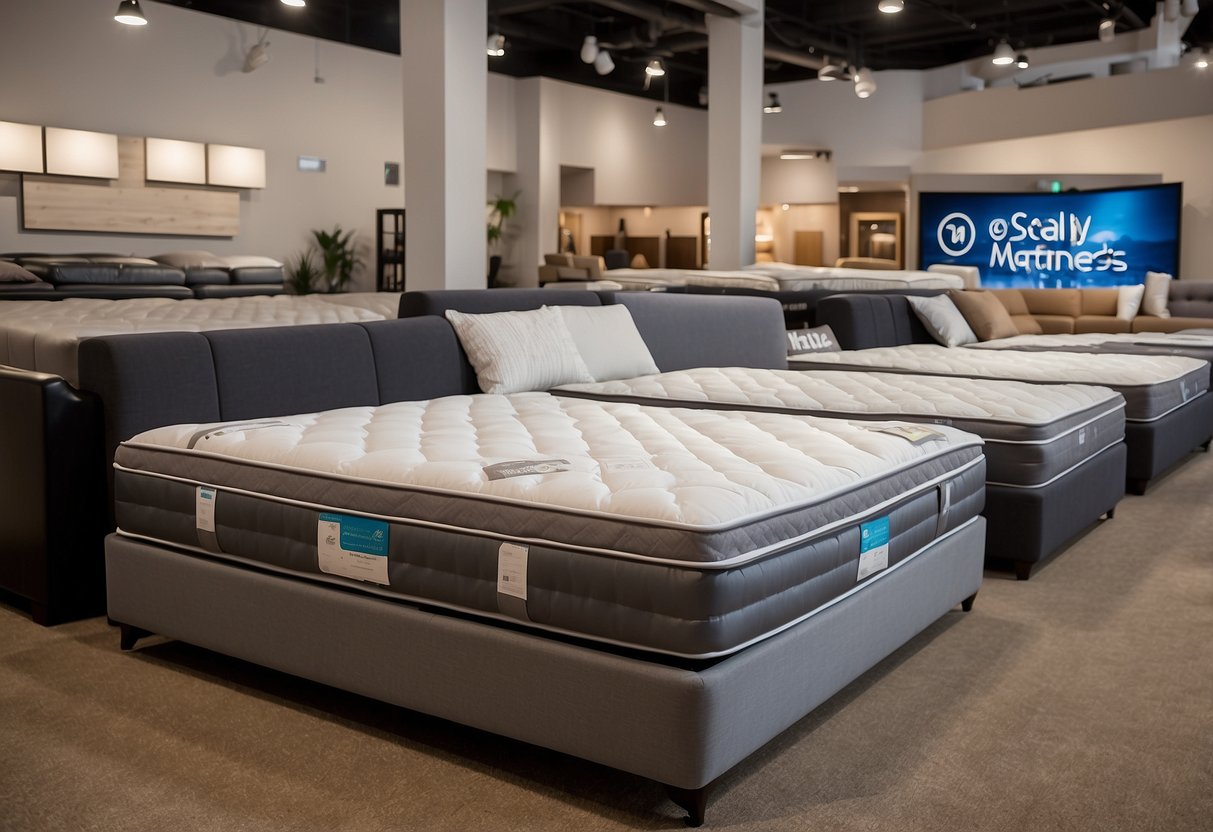 A spacious showroom displaying various Sealy mattresses in a furniture mall. Bright lighting and comfortable seating invite customers to explore the range