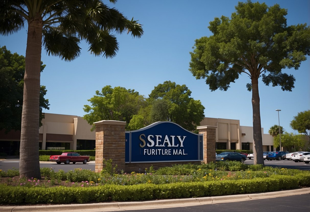 The Sealy Furniture Mall sign stands tall against a clear blue sky, surrounded by lush green trees and a bustling parking lot