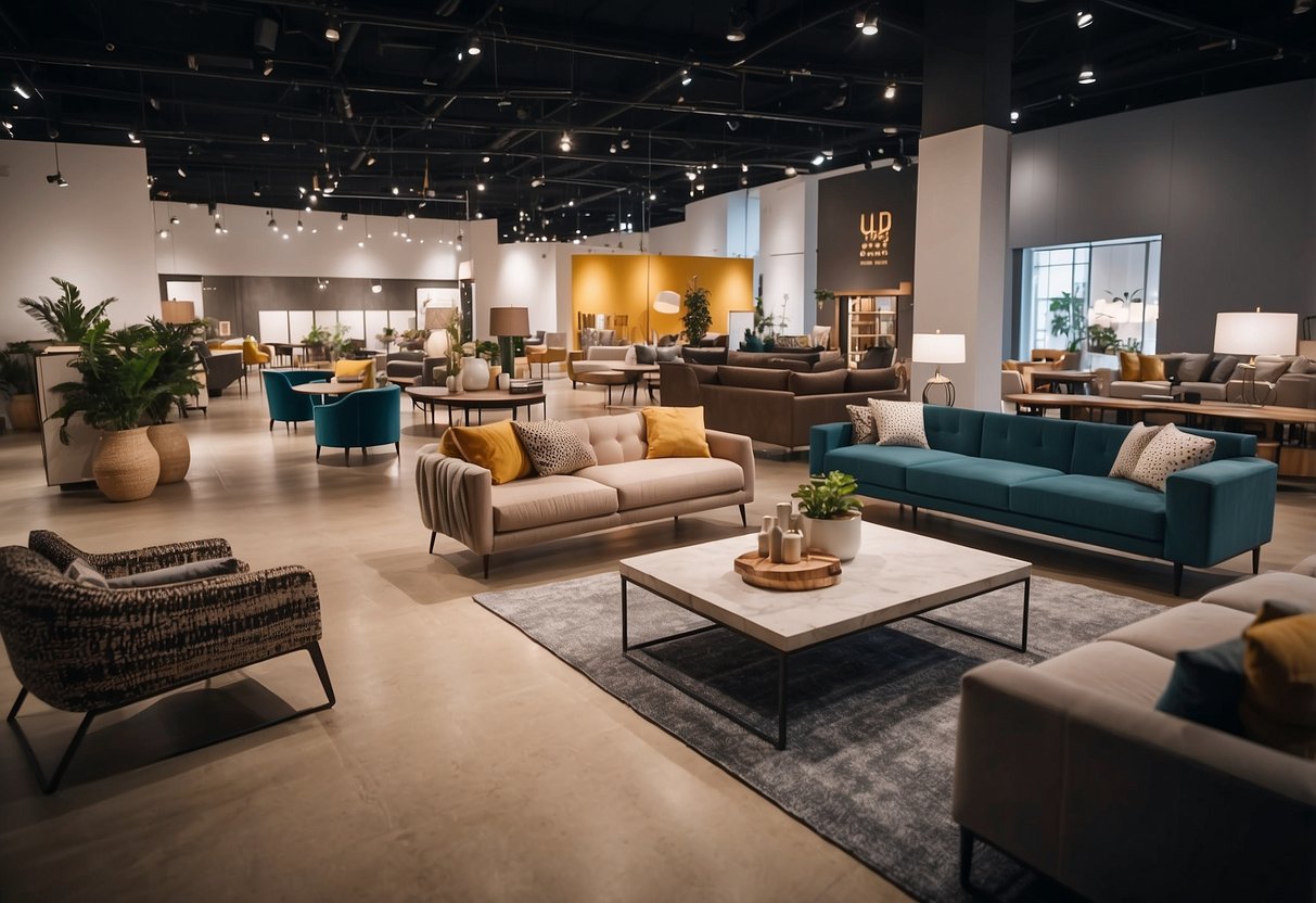 A spacious showroom with rows of furniture displays in various styles and colors. Bright lighting and clean, organized aisles create an inviting atmosphere