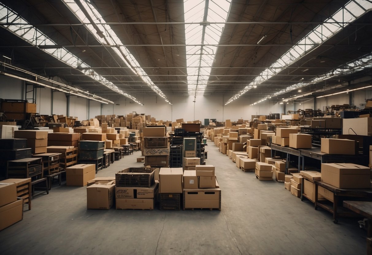 A cluttered warehouse filled with rows of various furniture pieces, from vintage to modern, stacked haphazardly awaiting their new owners
