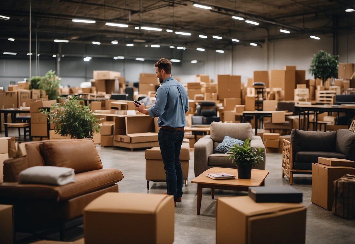 Furniture resellers browse online platforms, surrounded by a variety of chairs, tables, and decorations. Boxes and packaging materials are scattered around