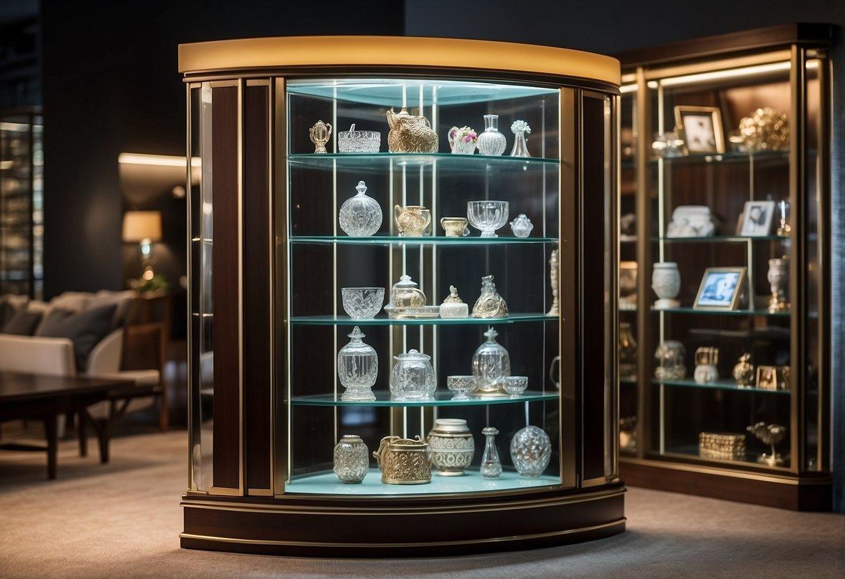 A corner showcase furniture with glass shelves displaying various decorative items