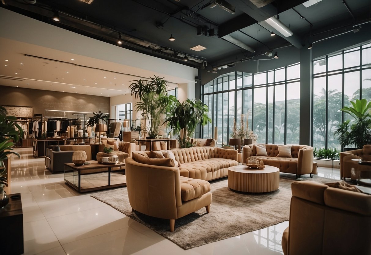 A spacious furniture shop in Tampines 1, filled with modern and classic pieces, bathed in natural light from large windows