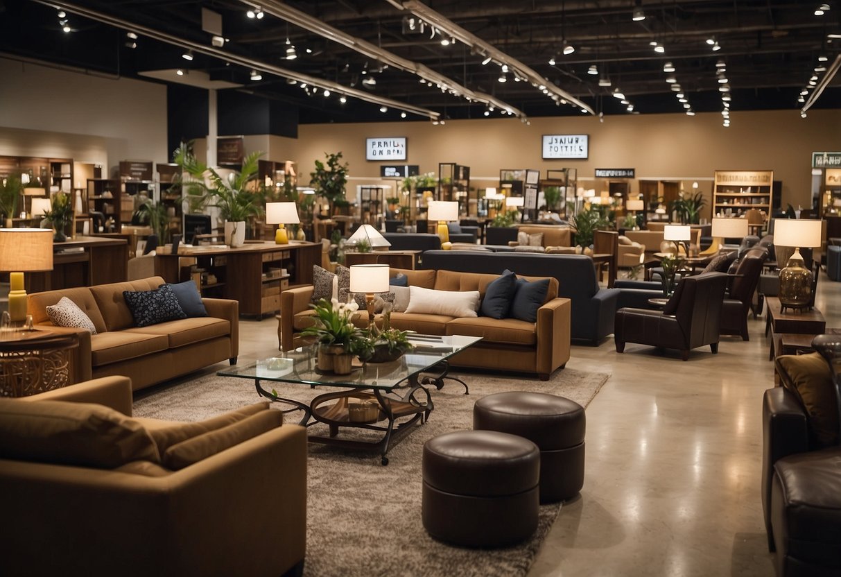 A bustling furniture mart with multiple locations, filled with customers browsing and staff assisting. Brightly lit and neatly organized displays showcase a wide variety of furniture pieces