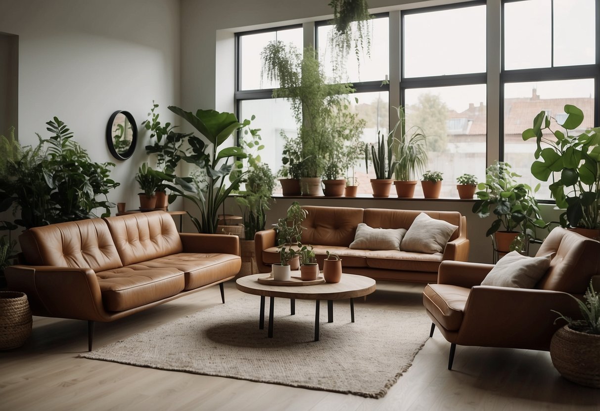 A modern living room with a mix of vintage and upcycled furniture, featuring sleek lines and earthy tones. Plants and natural light add to the sustainable and stylish vibe