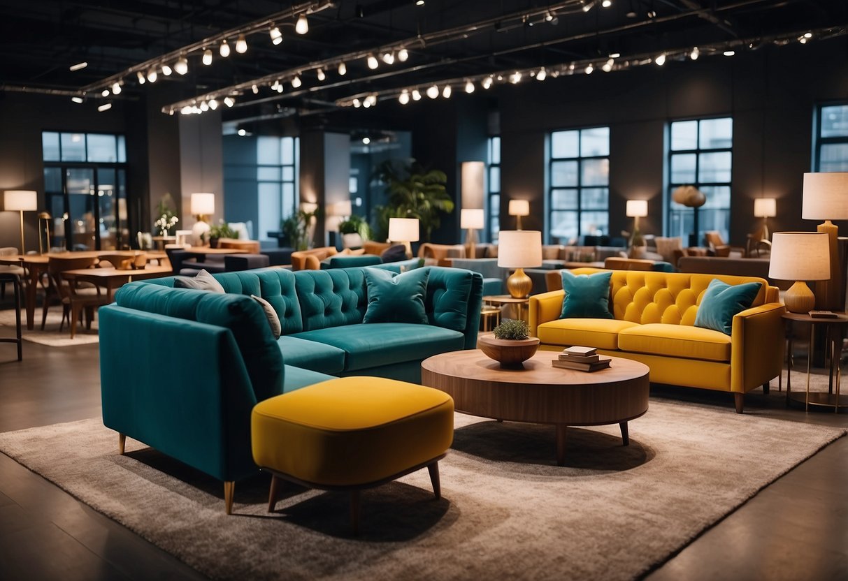 A spacious furniture store filled with modern and stylish pieces. Bright lighting highlights the vibrant colors and textures of the furniture on display