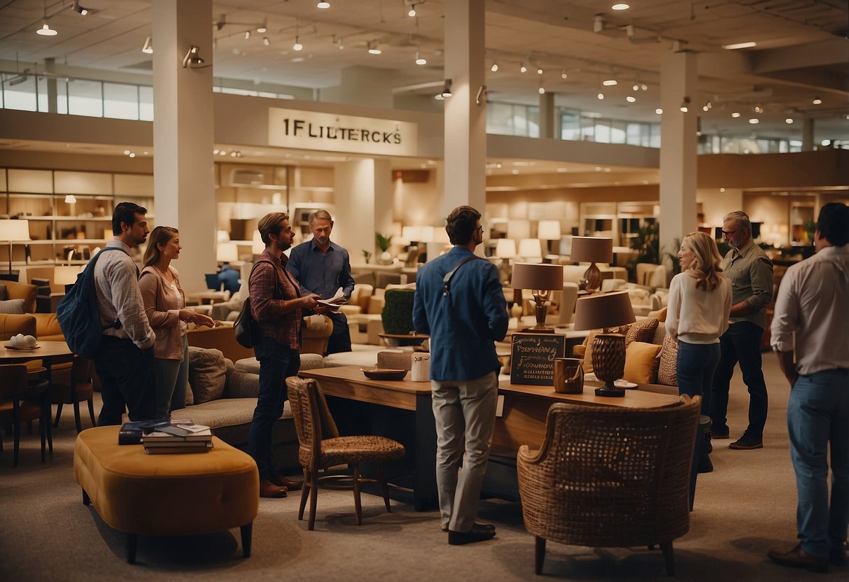 A group of people browsing through a variety of furniture items, with a sign that reads "Frequently Asked Questions furniture resellers" displayed prominently