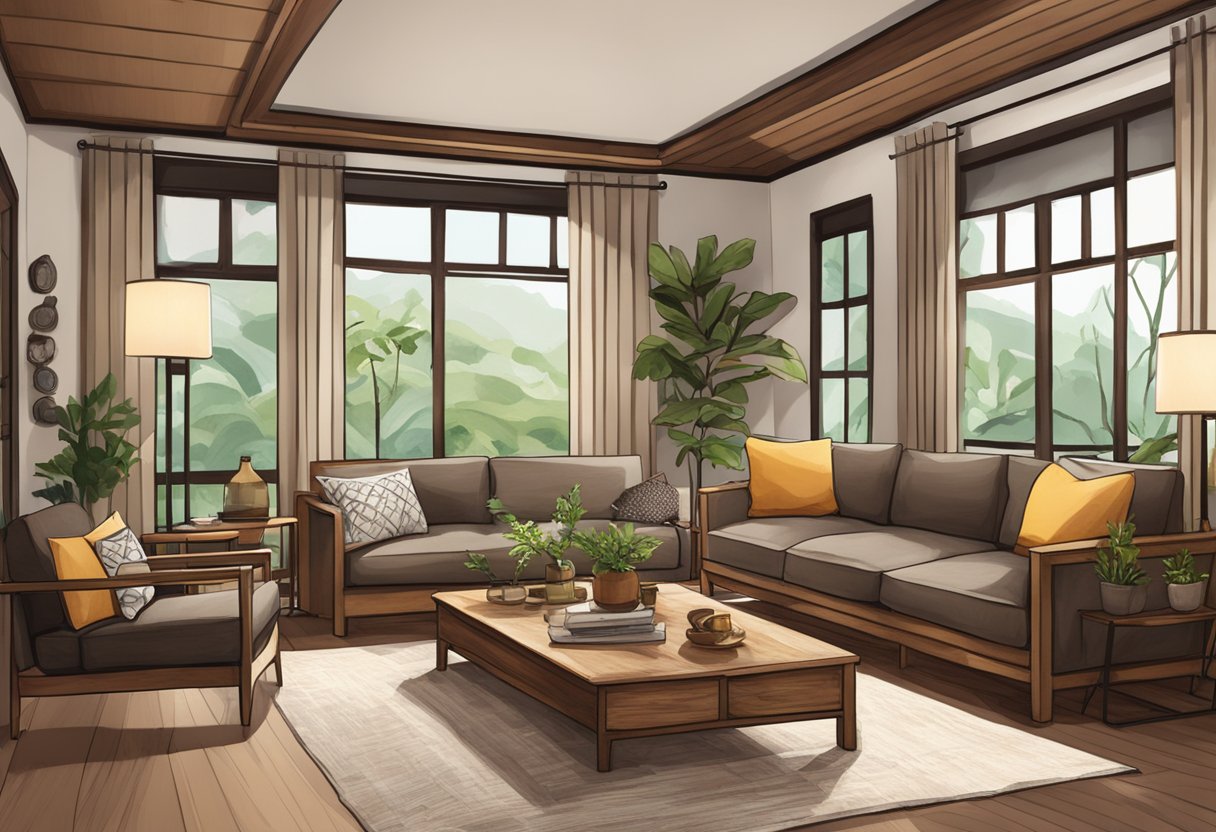 A cozy living room with rustic furniture in Singapore. Rich wooden textures, earthy tones, and natural materials create a warm and inviting atmosphere