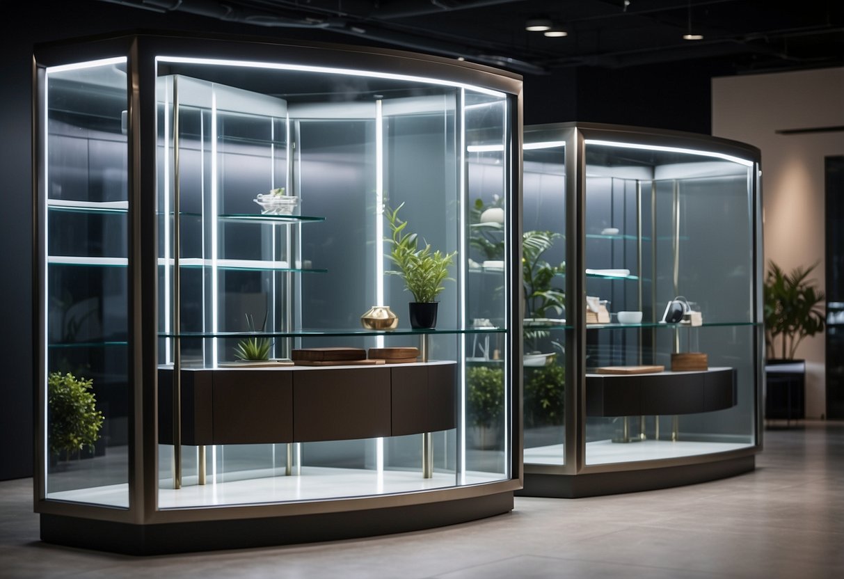 A sleek, modern corner showcase furniture made of glass and metal, with clean lines and minimalistic design