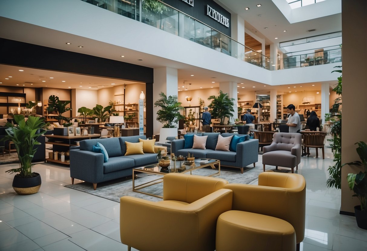 A bustling furniture shop in Tampines 1, filled with stylish displays and happy customers browsing through the selection, with staff assisting and ensuring customer satisfaction