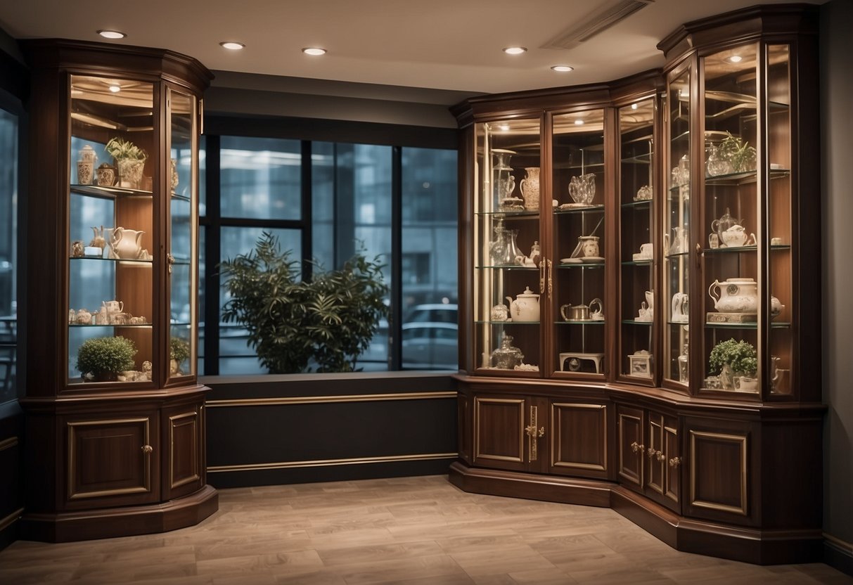 A corner showcase furniture with functional aspects and decorative elements