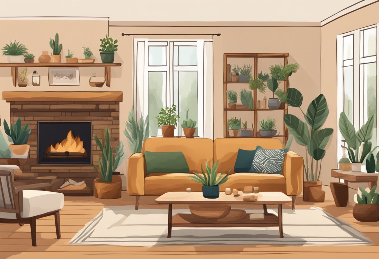 A cozy living room with rustic wooden furniture, warm earthy tones, and natural textures. A large, comfortable sofa sits in front of a fireplace, surrounded by handcrafted wooden tables and shelves adorned with potted plants and vintage decor