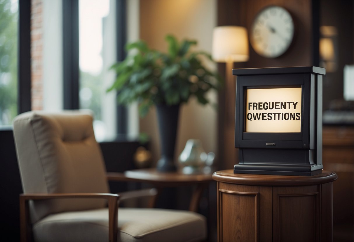 A corner showcase furniture with a "Frequently Asked Questions" sign displayed prominently