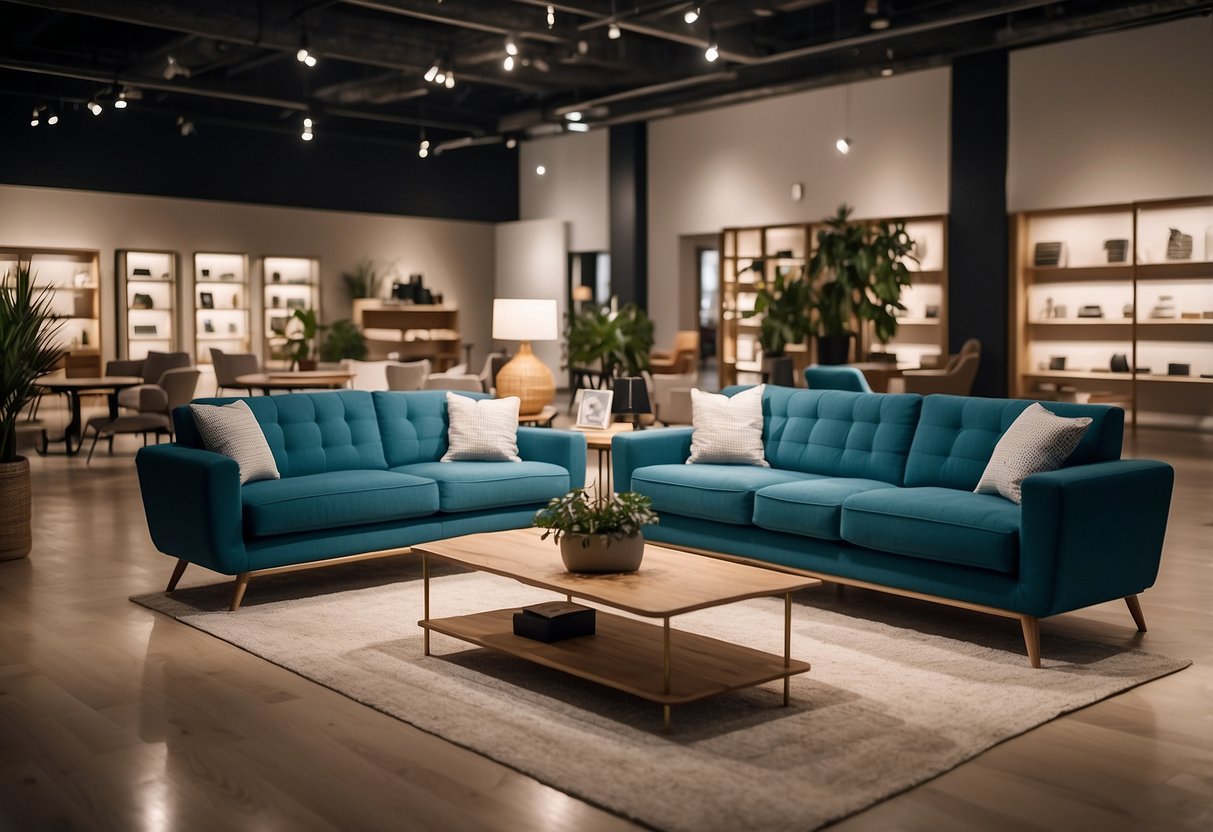 A brightly lit furniture shop with modern displays and a sleek, minimalist design. Customers browse through the neatly arranged sofas, tables, and decor items