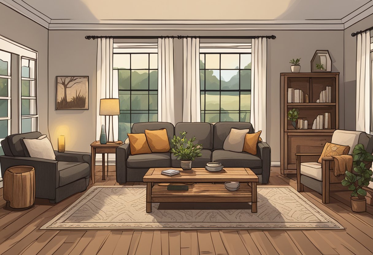 A cozy living room with rustic furniture, warm lighting, and earthy decor. A distressed wooden coffee table sits in the center, surrounded by plush sofas and vintage rugs