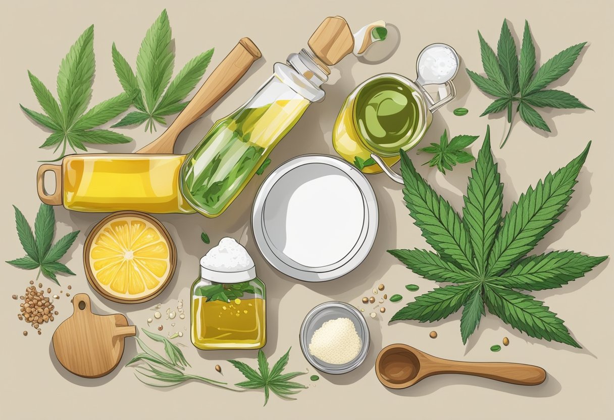 A kitchen counter with various cooking ingredients and utensils, including cannabis leaves and infused oils. A cookbook open to a recipe page