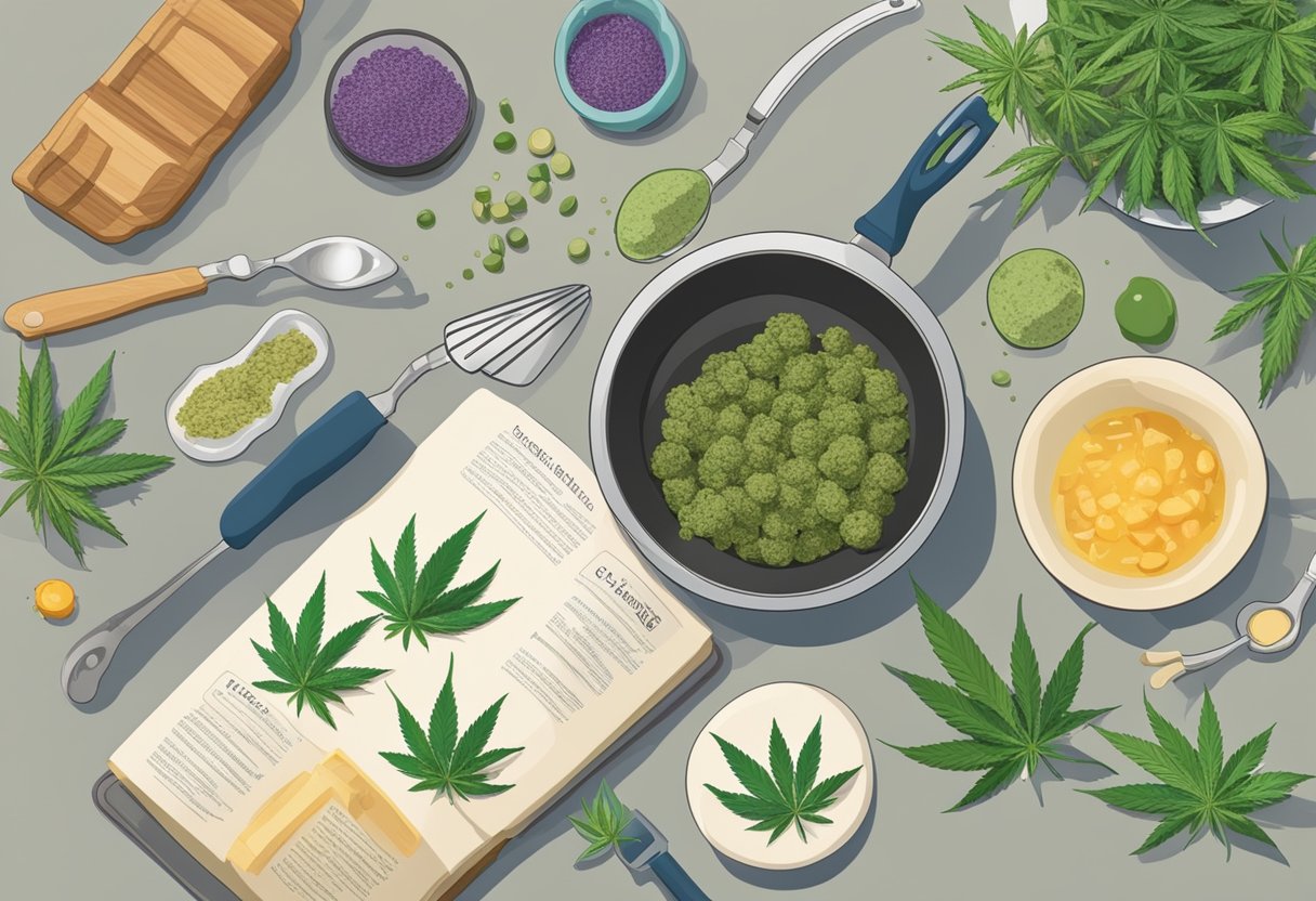 A kitchen counter with cannabis-infused ingredients and cooking utensils, a cookbook titled "Understanding Cannabis Cooking with Cannabis" open to a recipe page, and a pot simmering on the stove