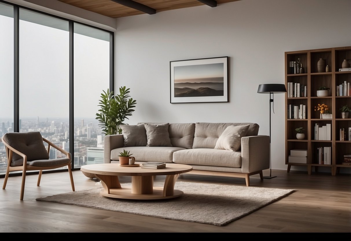 A modern living room with Wihardja furniture: a sleek wooden coffee table, a comfortable fabric sofa, and a stylish bookshelf against a white wall