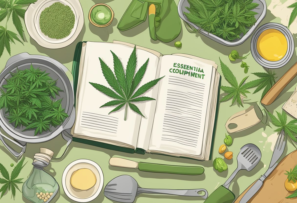 A kitchen counter with a cookbook titled "Essential Equipment for Cannabis Cooking" open to a recipe page, surrounded by cooking utensils and cannabis ingredients