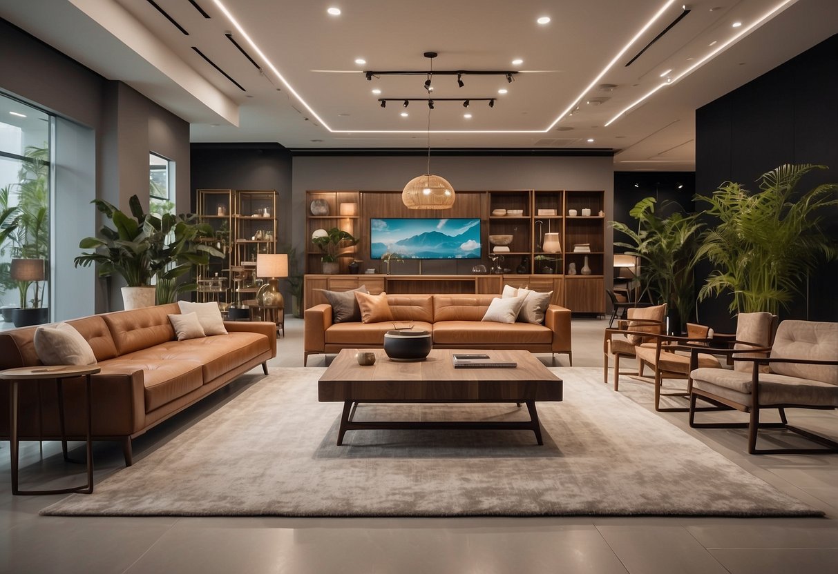 A spacious showroom displays a variety of Wihardja's furniture pieces, from sleek modern designs to rustic wooden pieces, arranged in aesthetically pleasing vignettes