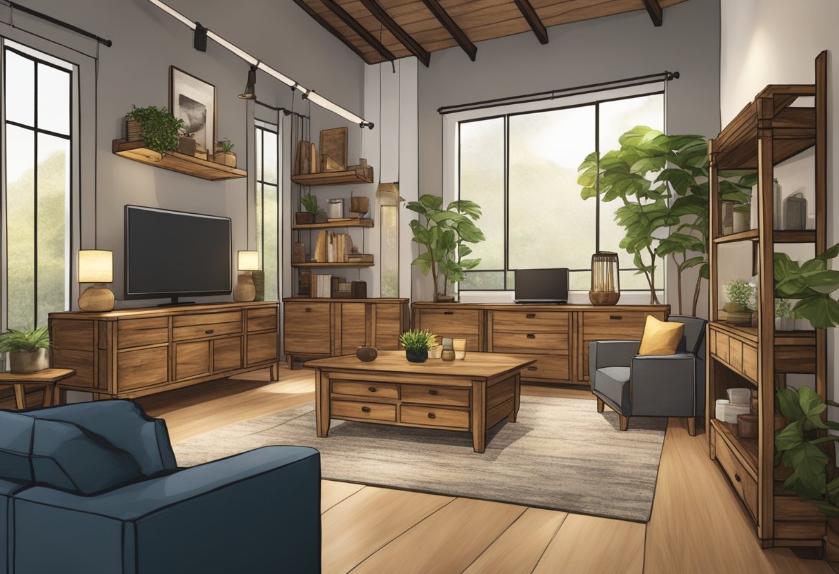 Rustic furniture displayed in a cozy Singapore showroom, with warm lighting and natural materials