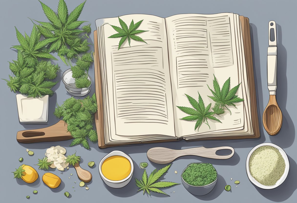 A kitchen counter with cannabis-infused ingredients, cooking utensils, and a cookbook open to a recipe page
