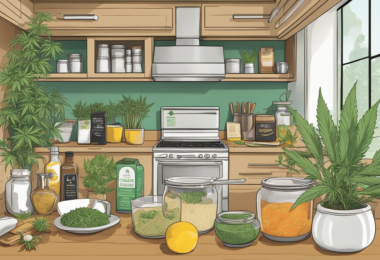 A kitchen counter displays various cooking ingredients and cannabis-infused food and drinks. A cookbook titled "Recipe Curation: Savory to Sweet Cooking with Cannabis" is open, with recipes and tips visible