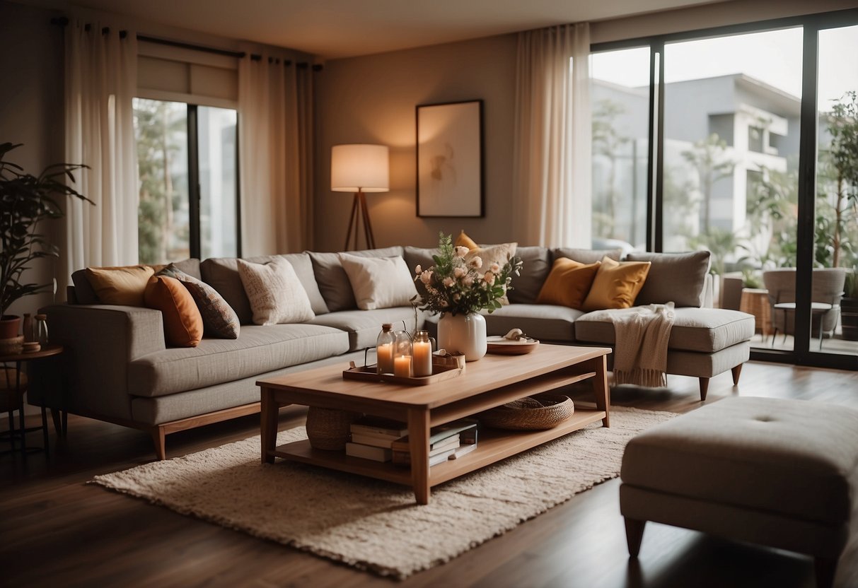 A cozy living room with Wihardja furniture, soft lighting, and a warm color palette. Comfortable seating and a stylish coffee table create a welcoming atmosphere