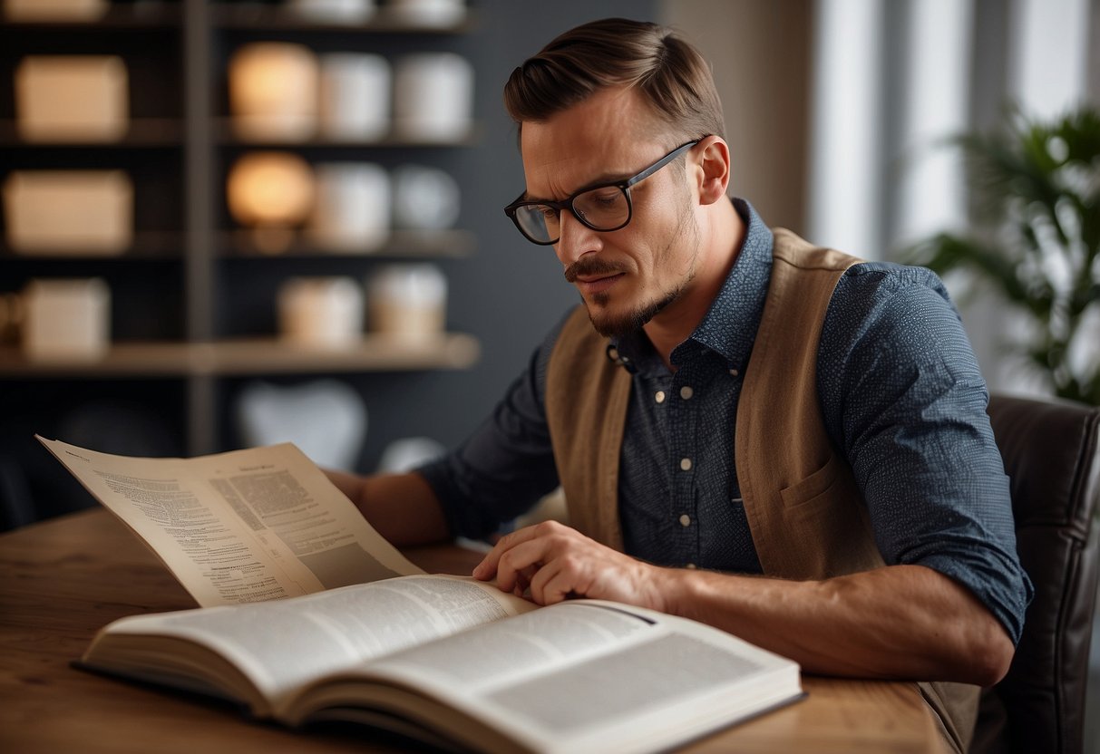 A customer browsing through a furniture catalog, reading a "Frequently Asked Questions" section about Wihardja furniture