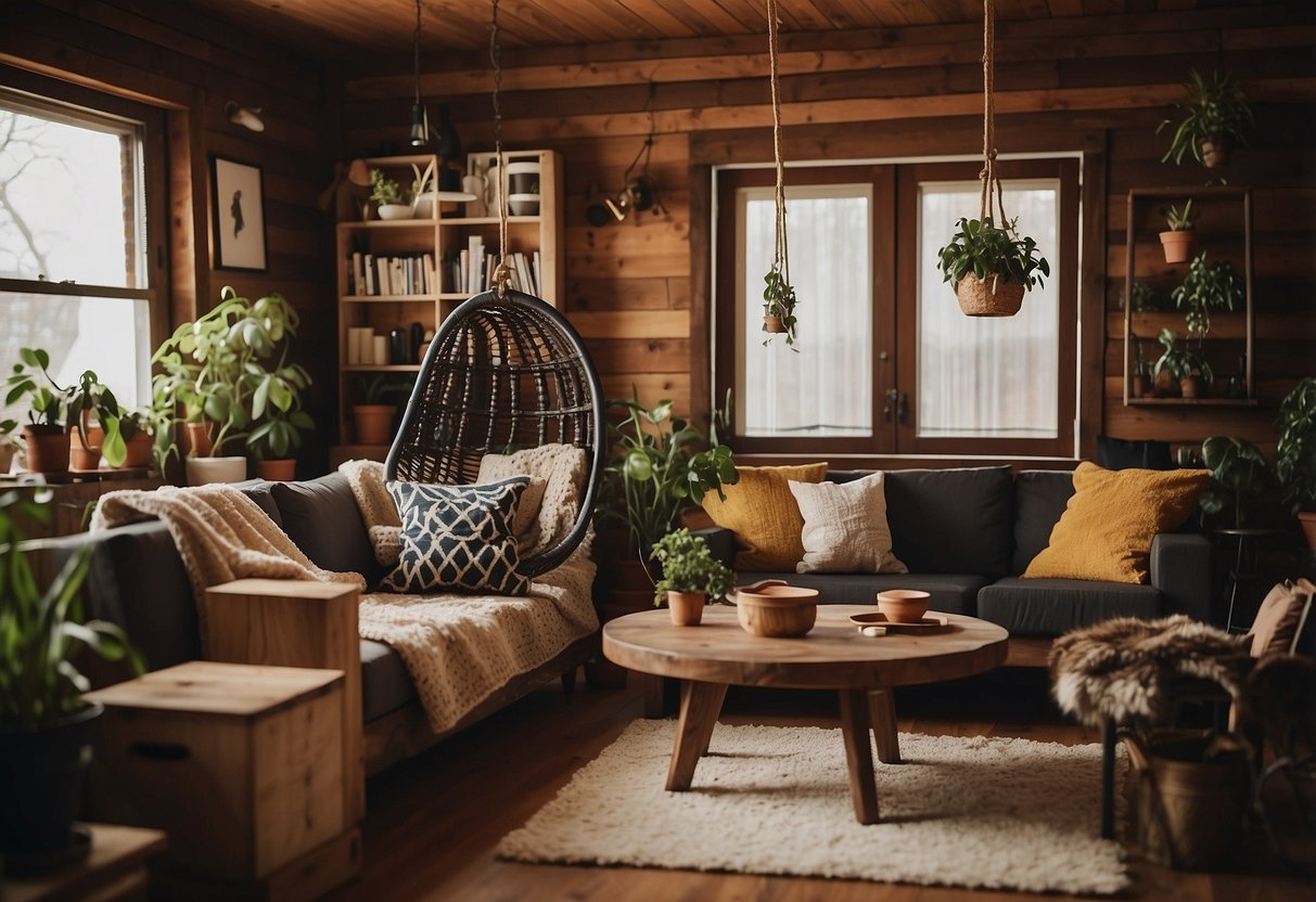 A cozy living room with a bookshelf made from stacked wooden crates, a coffee table crafted from a repurposed door, and a hanging chair made from a recycled tire swing