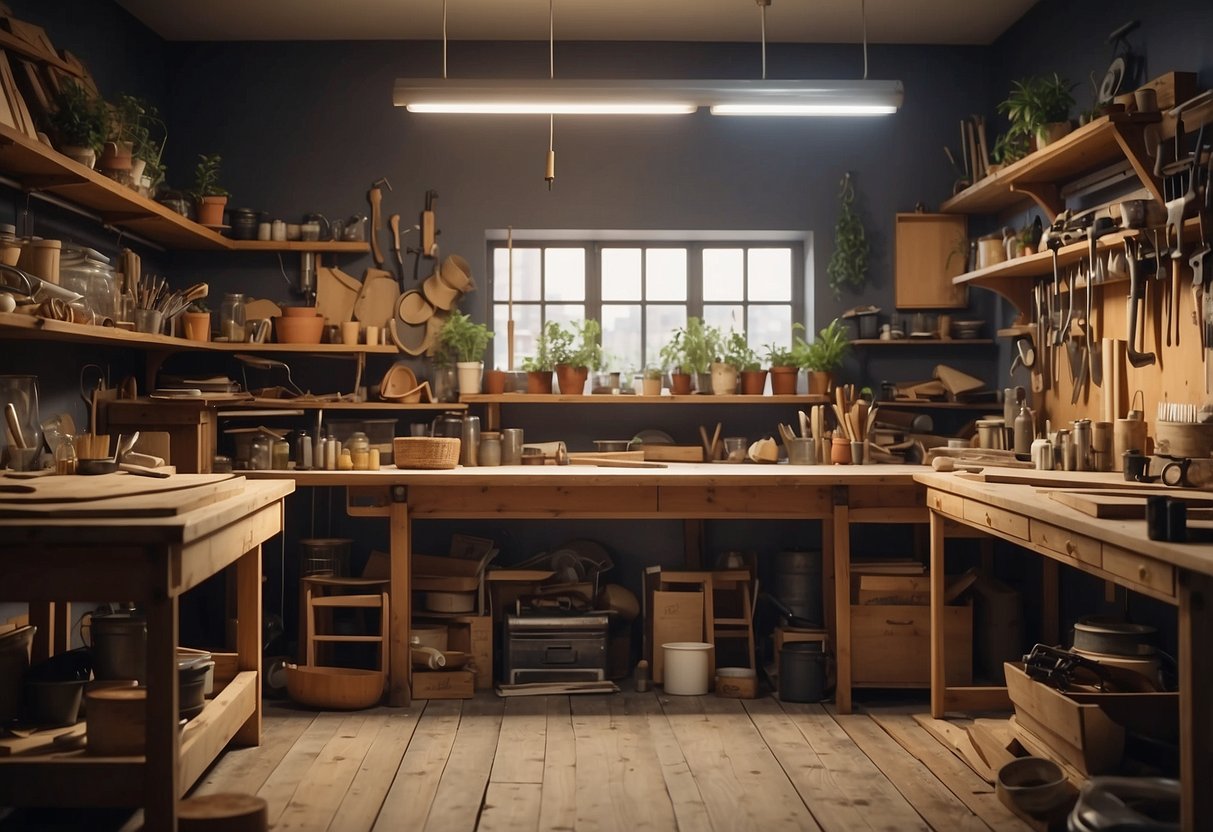 A cluttered workshop with tools and materials scattered about. A workbench holds a half-finished table, while sketches and design plans cover the walls
