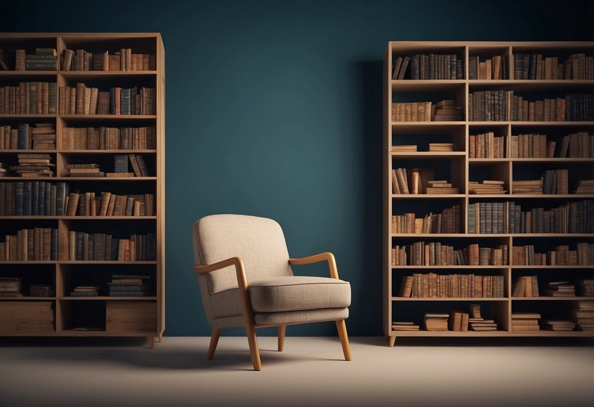 A plain chair is being transformed into a bookshelf, with shelves and books emerging from the seat and backrest