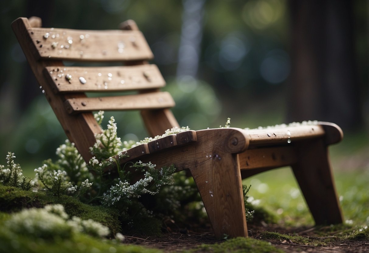 A wooden chair with visible white spots of mould growing on its surface