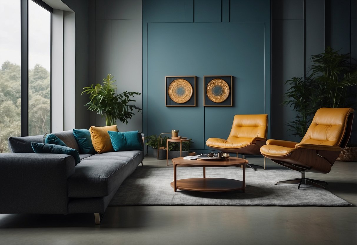 A room with various unique and innovative furniture pieces arranged in an aesthetically pleasing manner