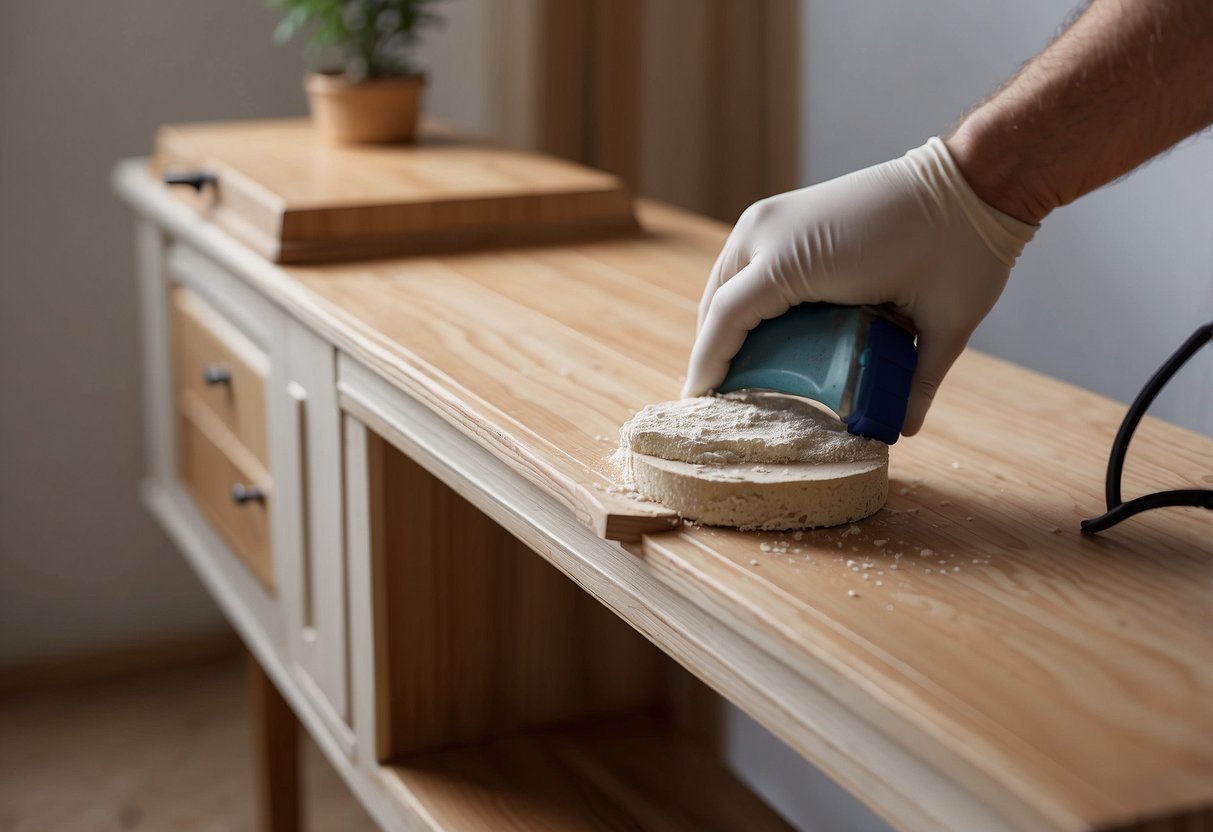 Wooden furniture with white mould growth. A person applying treatment to prevent and remove the mould