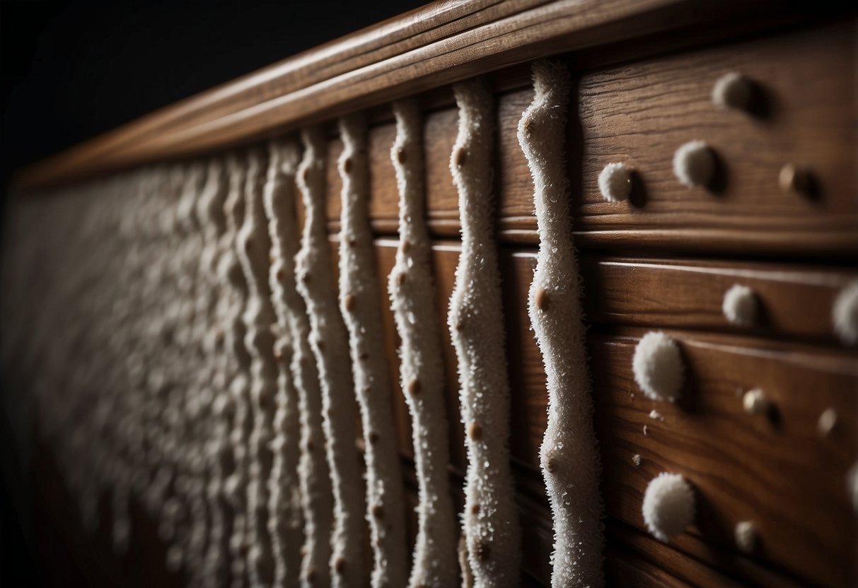 White mould covers wooden furniture in a dimly lit room. The spores spread across the surface, creating a fuzzy and textured appearance