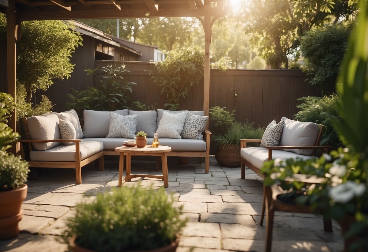 A cozy backyard with custom-made outdoor furniture, surrounded by lush greenery and bathed in warm sunlight
