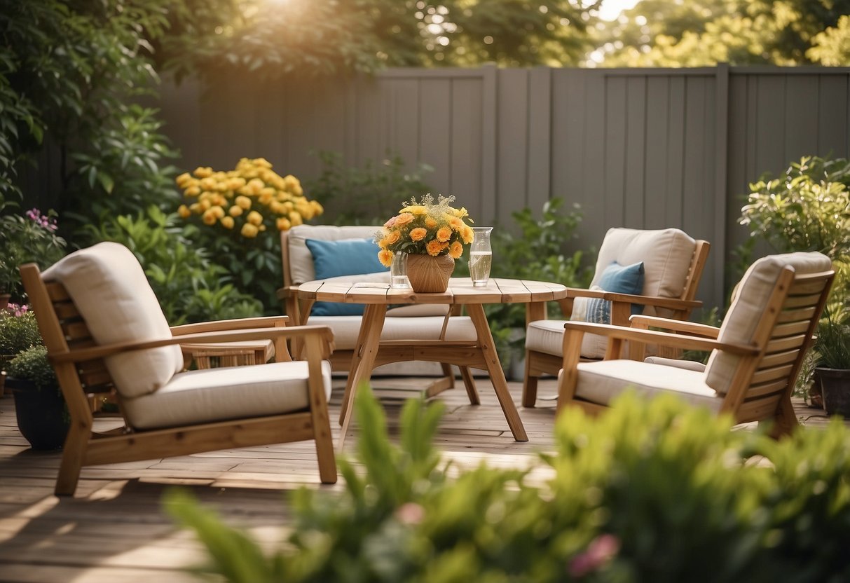 A sunny backyard with a custom-made outdoor furniture set, including a table, chairs, and a lounge chair, surrounded by lush greenery and colorful flowers