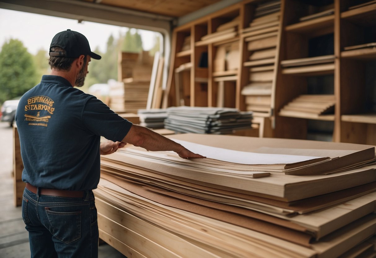 A customer selects wood and fabric swatches. A craftsman measures and sketches designs. A delivery truck unloads a finished set on a patio