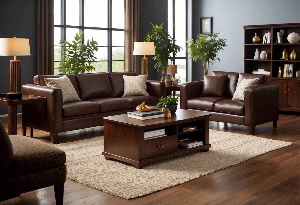 A living room with rosewood veneer furniture, including a coffee table, sideboard, and bookshelves. The warm, rich wood tones create a cozy and elegant atmosphere