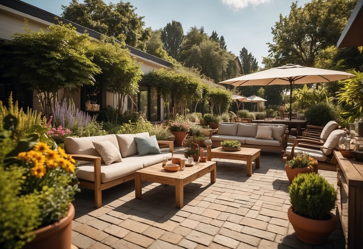 A sunny outdoor setting with a variety of custom-made furniture pieces, including tables, chairs, and lounges, surrounded by lush greenery and colorful flowers