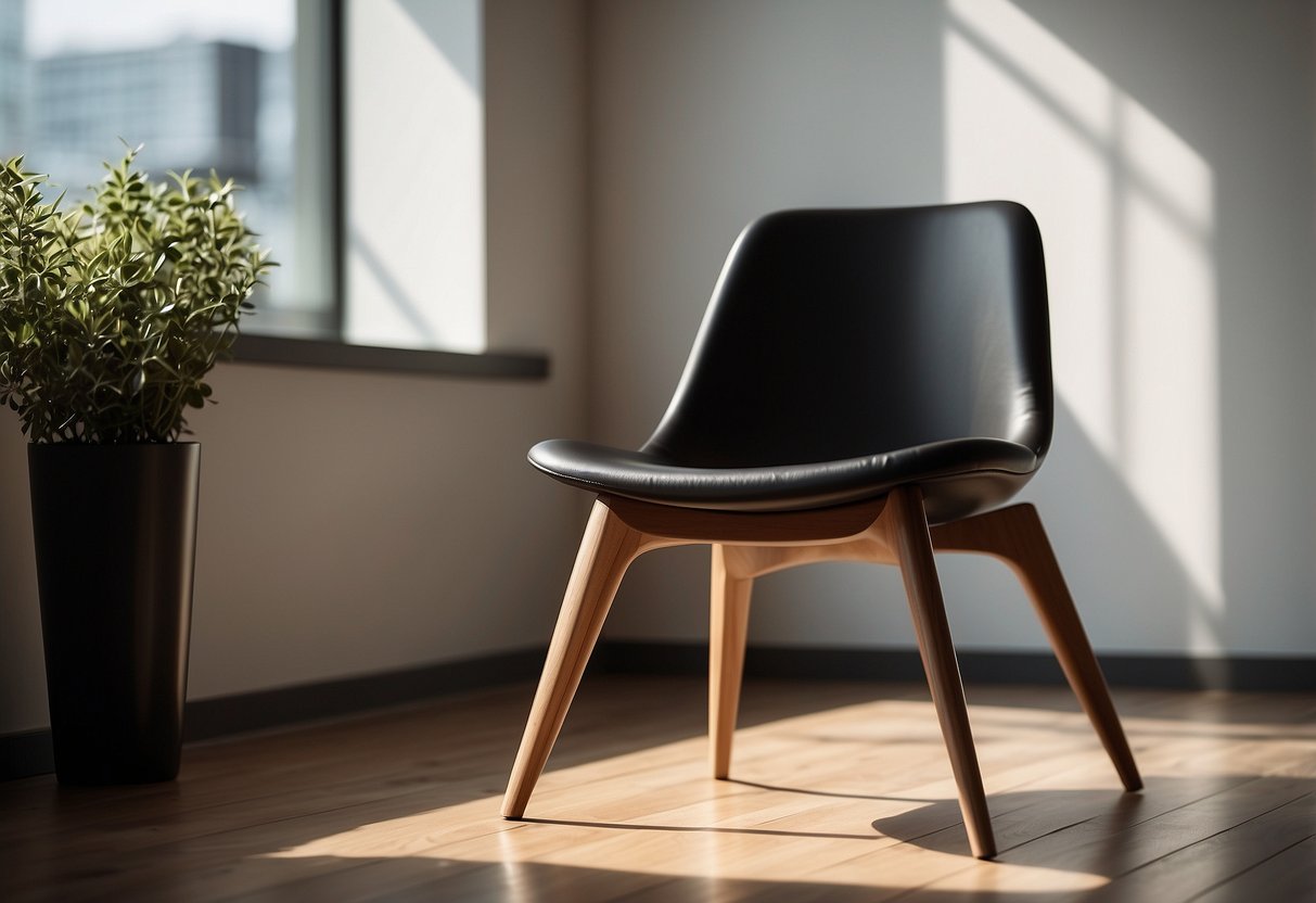 A sleek, minimalist chair sits in a sunlit room, casting a shadow against the clean lines of a modern table and elegant bookshelf