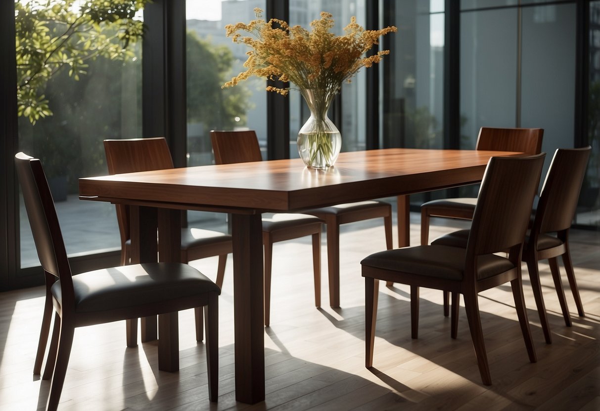 A sleek dining table with rosewood veneer, surrounded by matching chairs, sits in a sunlit room with minimalist decor