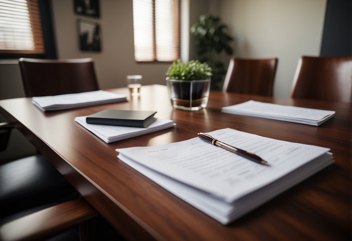 A sleek rosewood table stands in a well-lit room, surrounded by matching chairs. A stack of FAQ papers sits neatly on the table
