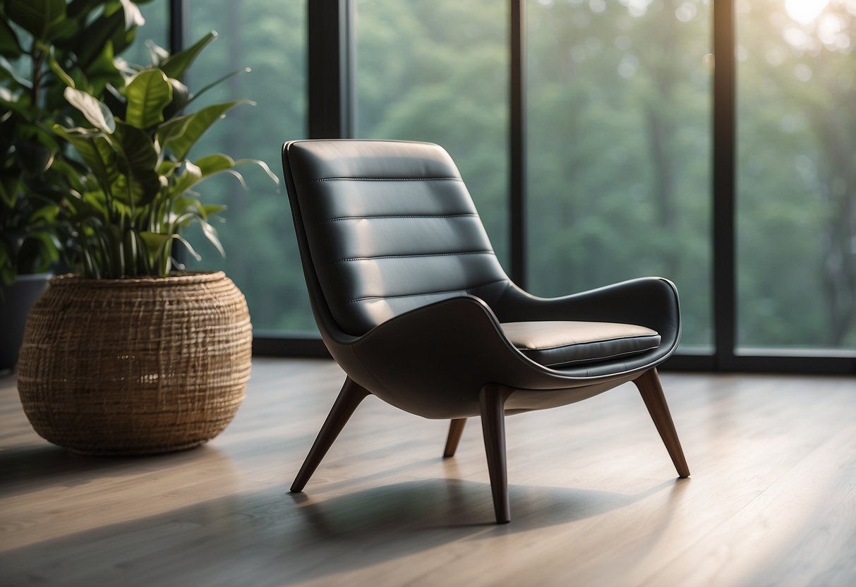 A sleek, minimalist chair with clean lines and ergonomic shape, placed in a well-lit, modern living room with a view of nature
