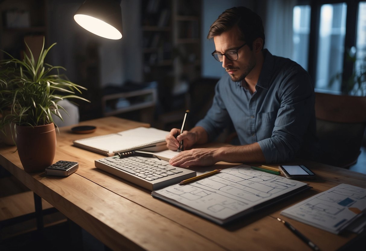 A designer uses a computer with design software, a sketchbook, ruler, and pencil to create furniture designs