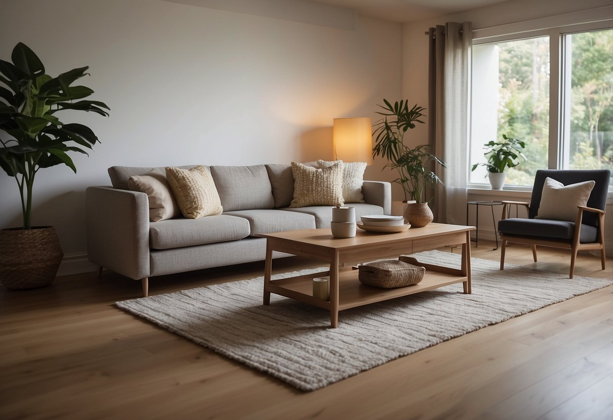 A living room with a sofa, coffee table, and rug. A dining area with a table and chairs. A bedroom with a bed, nightstand, and lamp