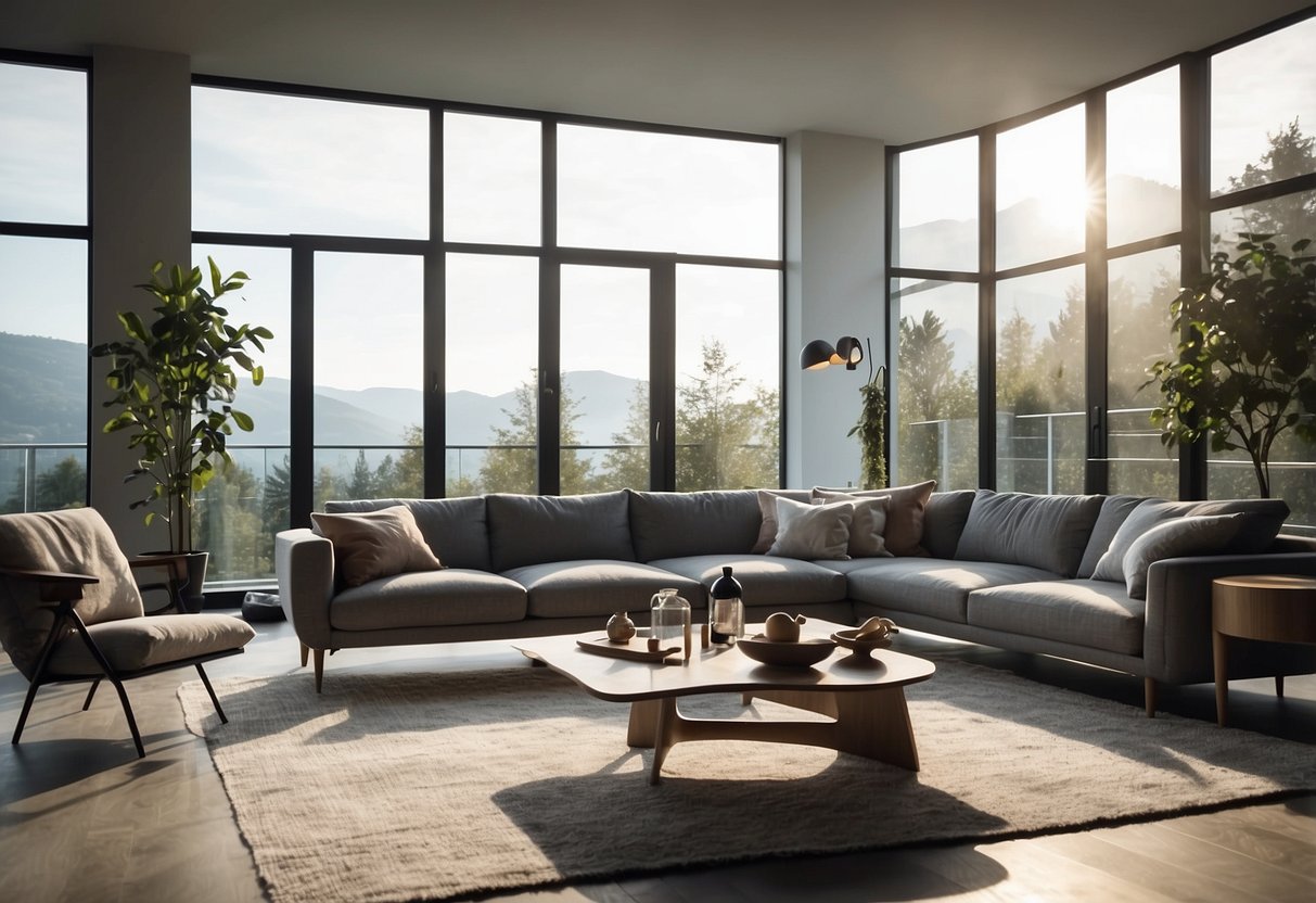 A clean, modern living room with stylish furniture arranged for comfort and functionality. Light streams in through large windows, highlighting the sleek lines and quality craftsmanship of the pieces