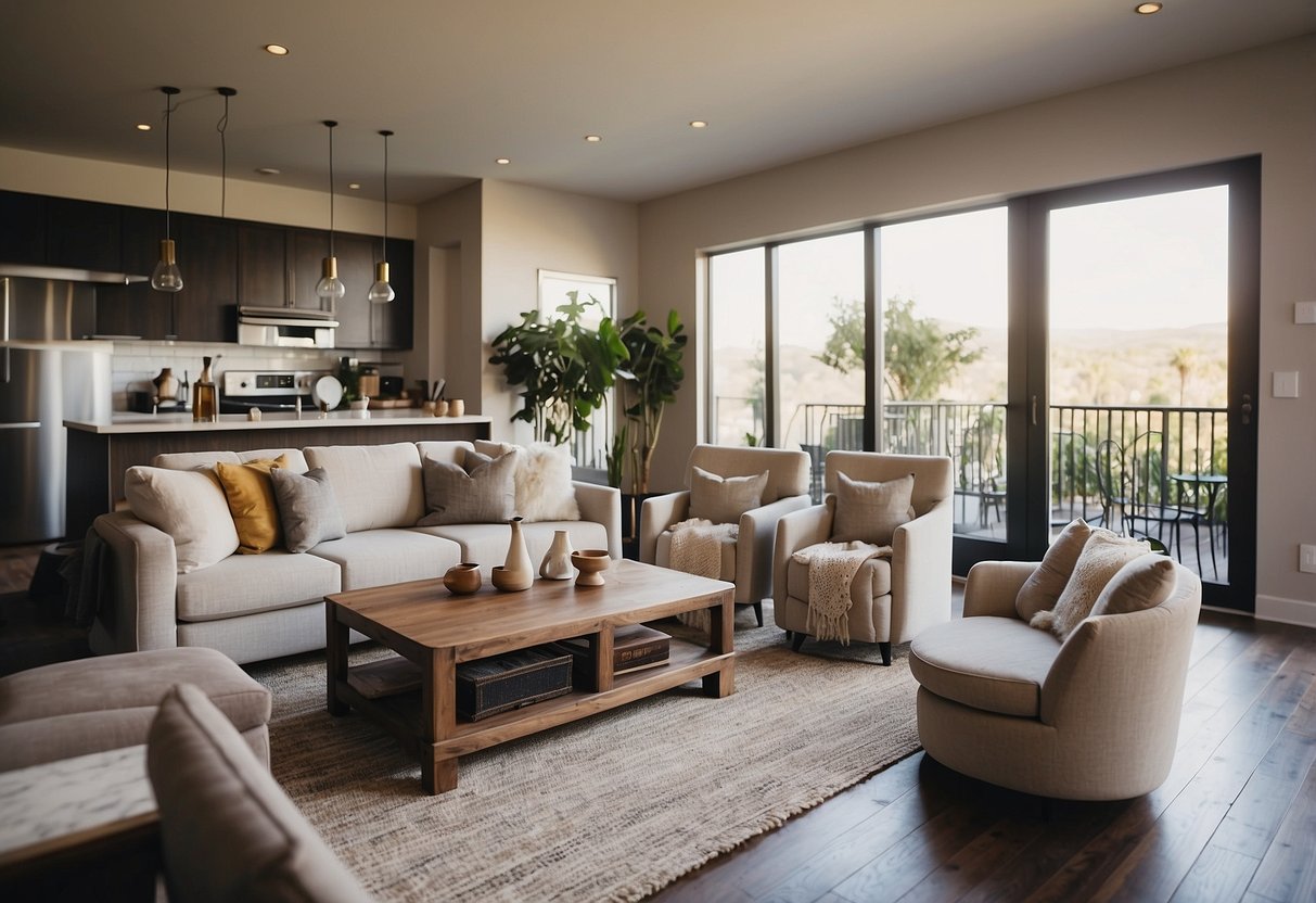 A living room with a sofa, coffee table, and bookshelf. A bedroom with a bed, nightstand, and dresser. A dining room with a table and chairs